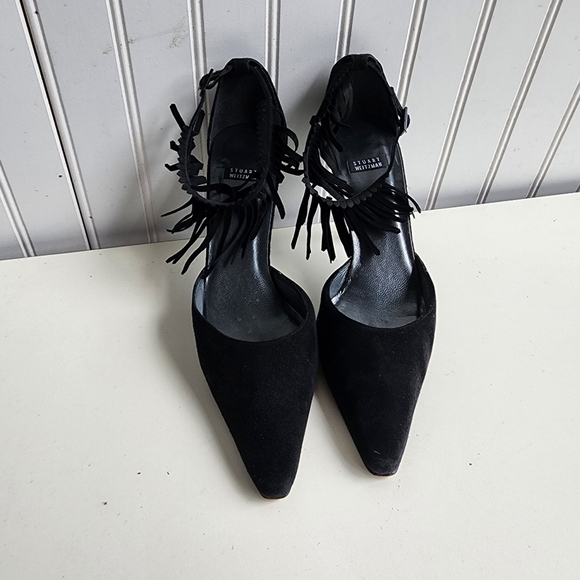 RARE Stuart Weitzman Fringelica Suede Point Toe Pump Black Ankle Strap Heel 7.5 - Picture 4 of 16